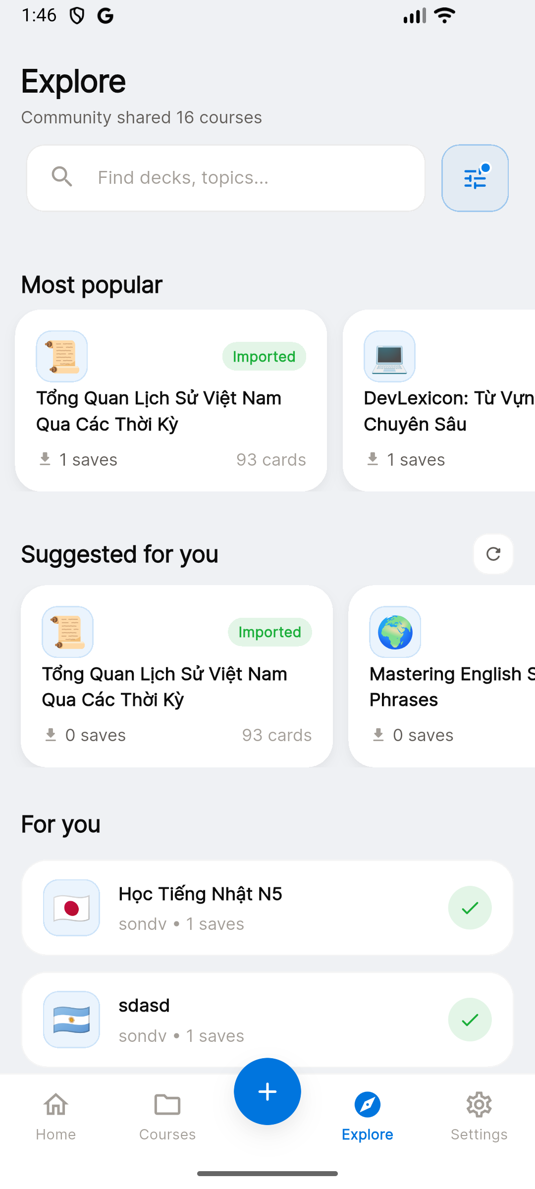 Community flashcard deck browser — discover and import shared decks