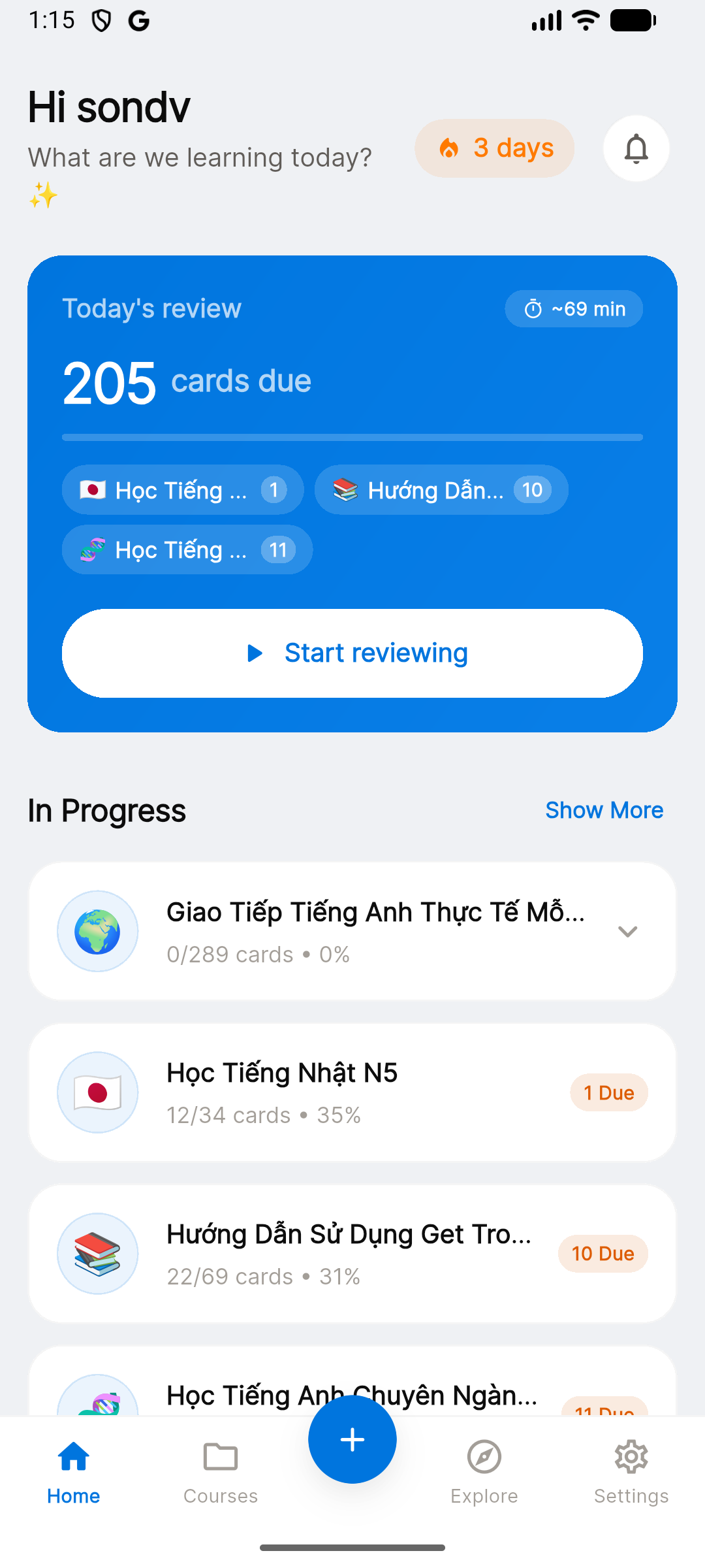 MemoThings dashboard — study queue, daily streak, progress ring
