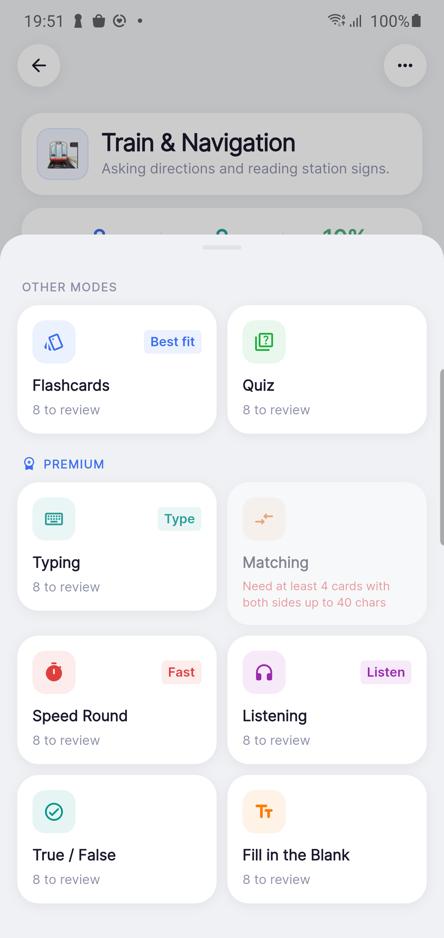 Eight study modes including quiz, typing, matching, listening, and fill in blank