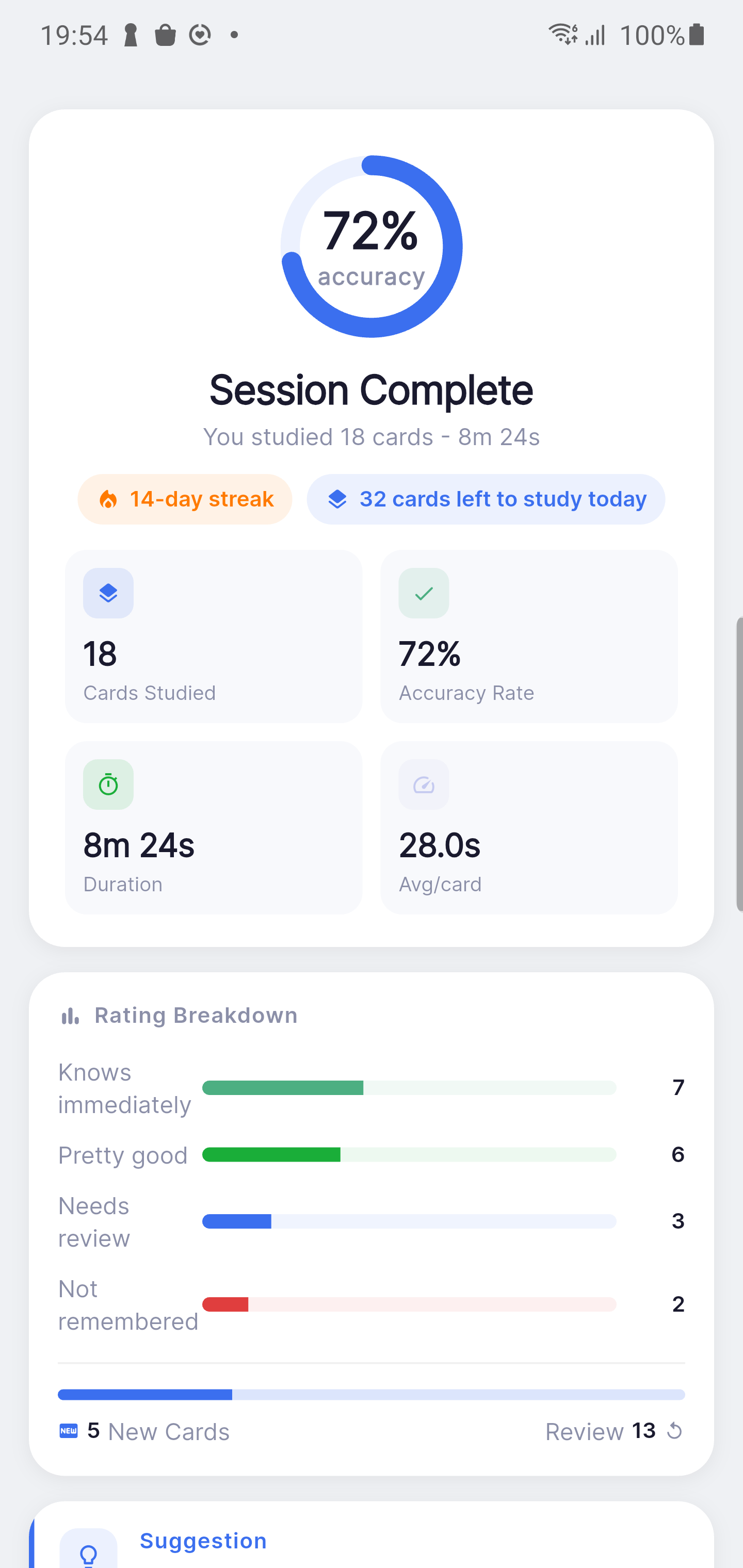 Session summary with score ring, detailed stats, and personalized insights
